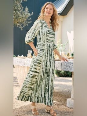 Soft Surroundings Melody Green Off White Flowy V-Neck Long Maxi Dress Small